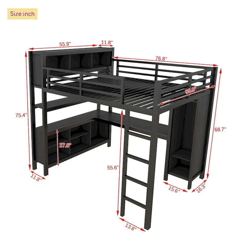 Lit mezzanine métallique tout-en-un avec bureau en L et armoire, cadre de lit pour chambre avec cubes de rangement, étagères et barrières de sécurité sur toute la longueur