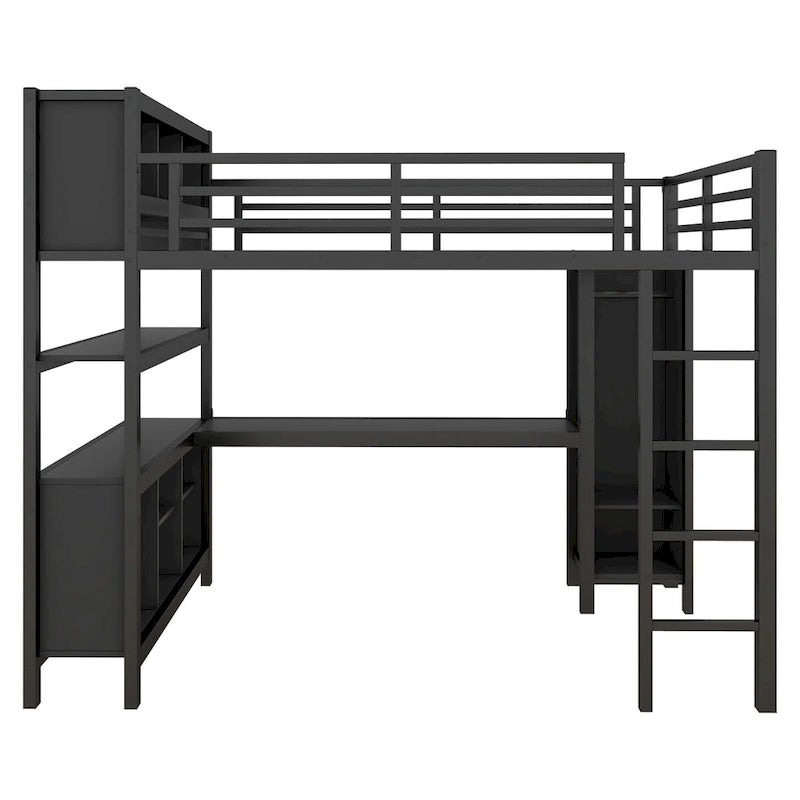 Lit mezzanine métallique tout-en-un avec bureau en L et armoire, cadre de lit pour chambre avec cubes de rangement, étagères et barrières de sécurité sur toute la longueur