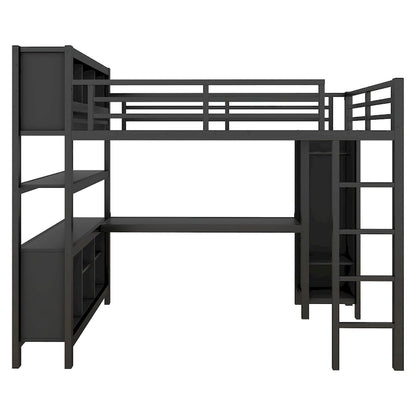 Lit mezzanine métallique tout-en-un avec bureau en L et armoire, cadre de lit pour chambre avec cubes de rangement, étagères et barrières de sécurité sur toute la longueur