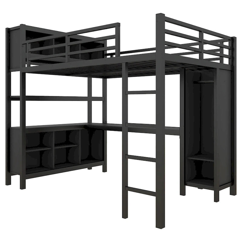 Lit mezzanine métallique tout-en-un avec bureau en L et armoire, cadre de lit pour chambre avec cubes de rangement, étagères et barrières de sécurité sur toute la longueur