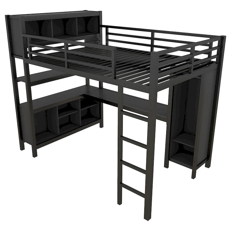 Lit mezzanine métallique tout-en-un avec bureau en L et armoire, cadre de lit pour chambre avec cubes de rangement, étagères et barrières de sécurité sur toute la longueur
