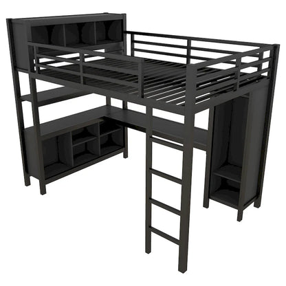 Lit mezzanine métallique tout-en-un avec bureau en L et armoire, cadre de lit pour chambre avec cubes de rangement, étagères et barrières de sécurité sur toute la longueur