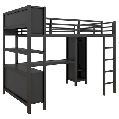 Lit mezzanine métallique tout-en-un avec bureau en L et armoire, cadre de lit pour chambre avec cubes de rangement, étagères et barrières de sécurité sur toute la longueur