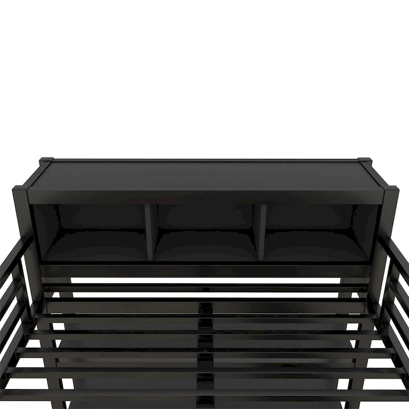 Lit mezzanine métallique tout-en-un avec bureau en L et armoire, cadre de lit pour chambre avec cubes de rangement, étagères et barrières de sécurité sur toute la longueur
