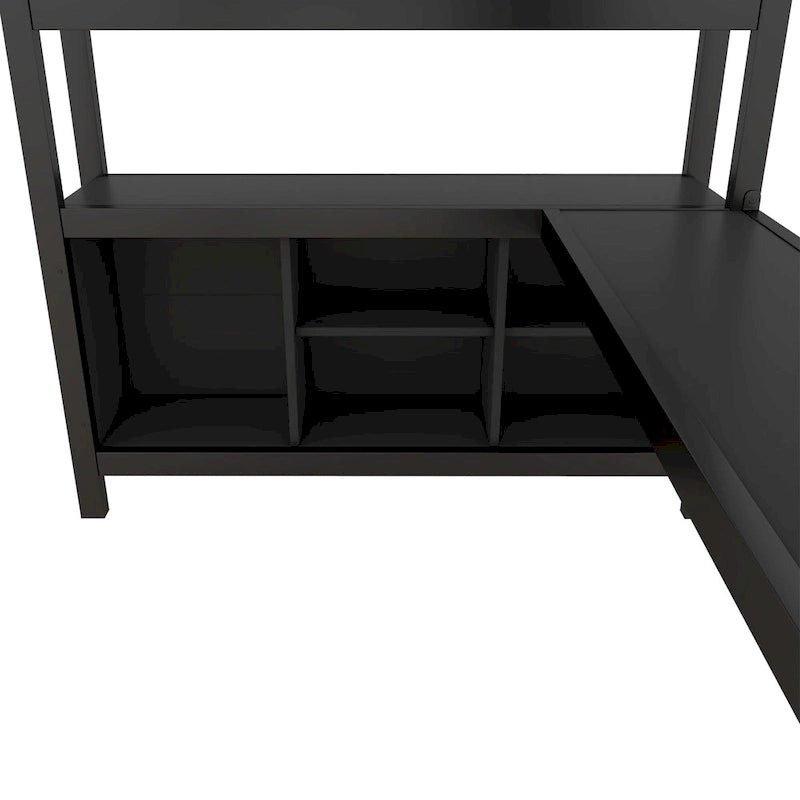 Lit mezzanine métallique tout-en-un avec bureau en L et armoire, cadre de lit pour chambre avec cubes de rangement, étagères et barrières de sécurité sur toute la longueur