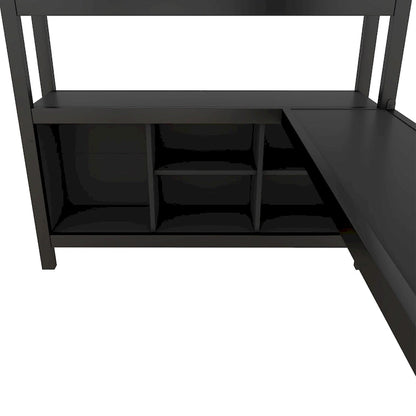 Lit mezzanine métallique tout-en-un avec bureau en L et armoire, cadre de lit pour chambre avec cubes de rangement, étagères et barrières de sécurité sur toute la longueur
