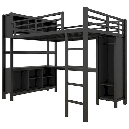 Lit mezzanine métallique tout-en-un avec bureau en L et armoire, cadre de lit pour chambre avec cubes de rangement, étagères et barrières de sécurité sur toute la longueur