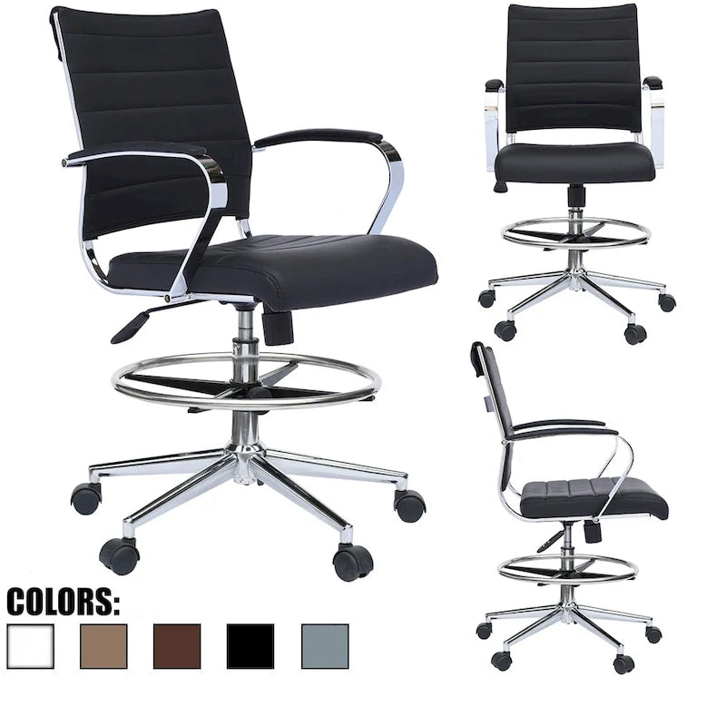 Tabouret de bureau avec accoudoirs, hauteur comptoir, roulettes, revêtement en cuir PU, inclinable et pivotant, pour bureau assis-debout.