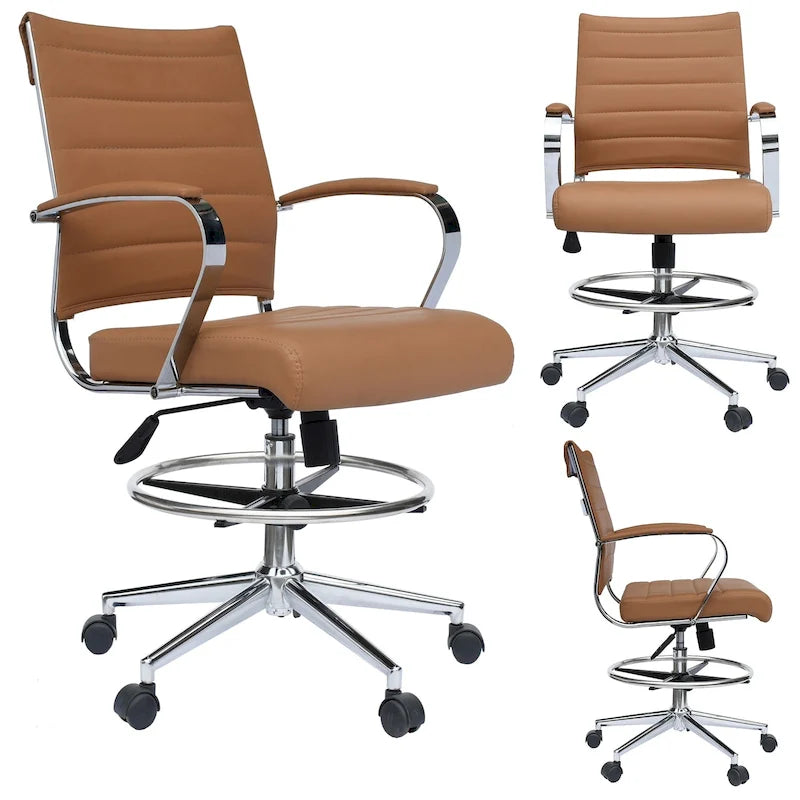 Tabouret de bureau avec accoudoirs, hauteur comptoir, roulettes, revêtement en cuir PU, inclinable et pivotant, pour bureau assis-debout.