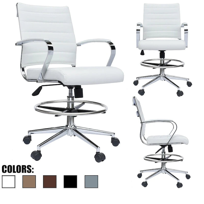 Tabouret de bureau avec accoudoirs, hauteur comptoir, roulettes, revêtement en cuir PU, inclinable et pivotant, pour bureau assis-debout.