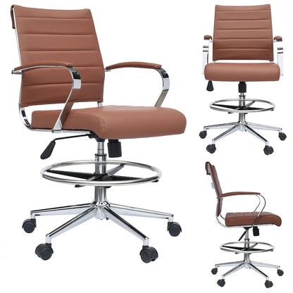 Tabouret de bureau avec accoudoirs, hauteur comptoir, roulettes, revêtement en cuir PU, inclinable et pivotant, pour bureau assis-debout.