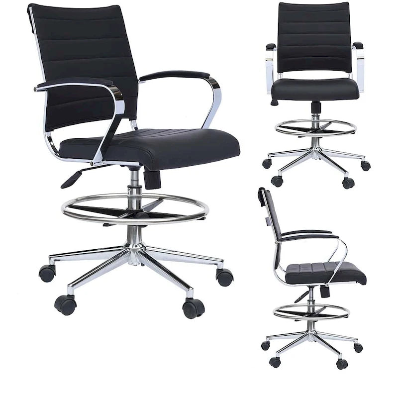 Tabouret de bureau avec accoudoirs, hauteur comptoir, roulettes, revêtement en cuir PU, inclinable et pivotant, pour bureau assis-debout.