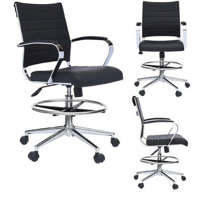 Tabouret de bureau avec accoudoirs, hauteur comptoir, roulettes, revêtement en cuir PU, inclinable et pivotant, pour bureau assis-debout.