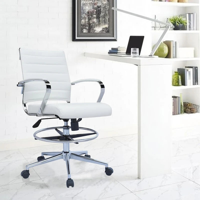 Tabouret de bureau avec accoudoirs, hauteur comptoir, roulettes, revêtement en cuir PU, inclinable et pivotant, pour bureau assis-debout.