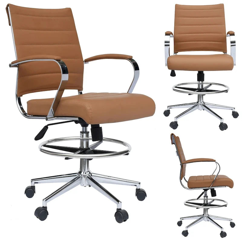 Tabouret de bureau avec accoudoirs, hauteur comptoir, roulettes, revêtement en cuir PU, inclinable et pivotant, pour bureau assis-debout.