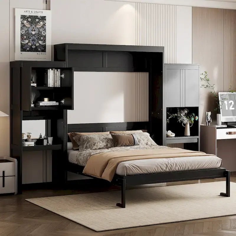 Lit escamotable Queen Size avec bureau, coiffeuse et armoires, couleur expresso