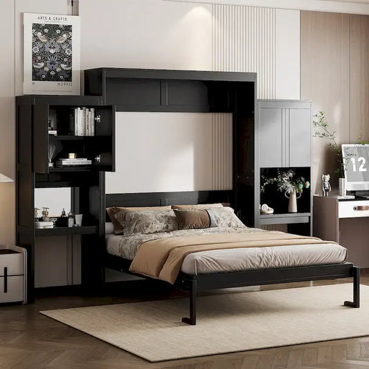 Lit escamotable Queen Size avec bureau, coiffeuse et armoires, couleur expresso