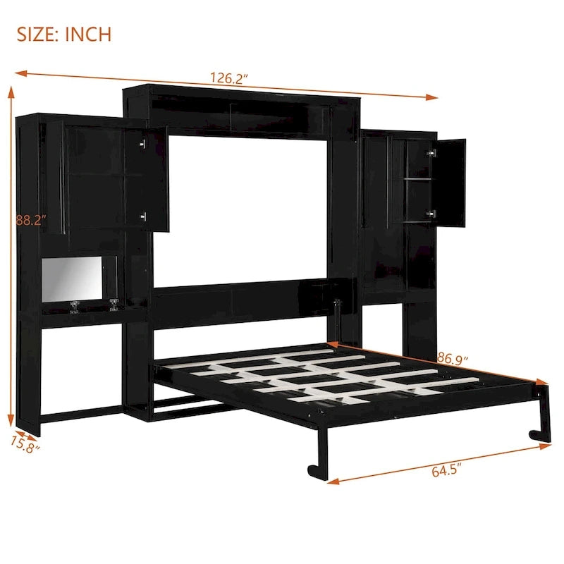 Lit escamotable Queen Size avec bureau, coiffeuse et armoires, couleur expresso