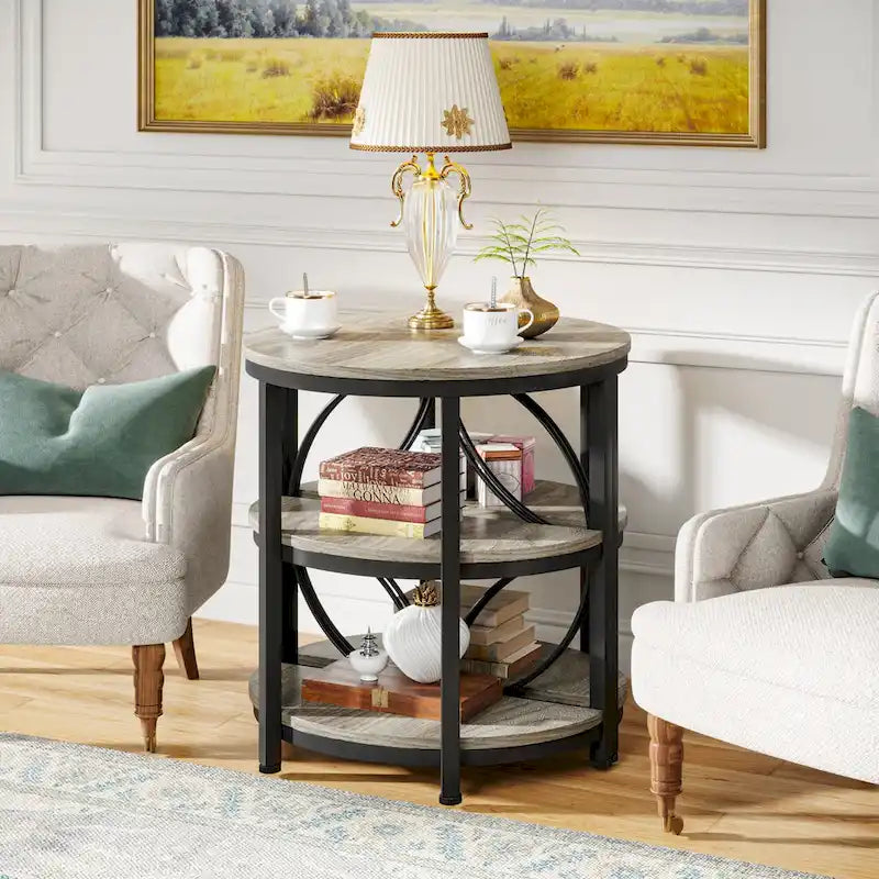 Table d'appoint demi-ronde, table d'appoint à 3 niveaux avec étagères de rangement