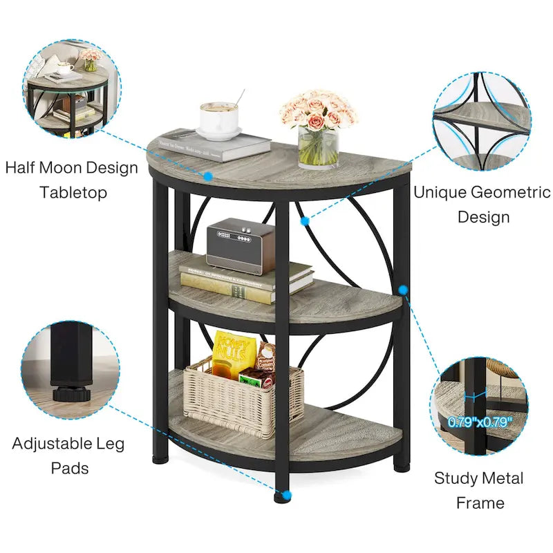 Table d'appoint demi-ronde, table d'appoint à 3 niveaux avec étagères de rangement