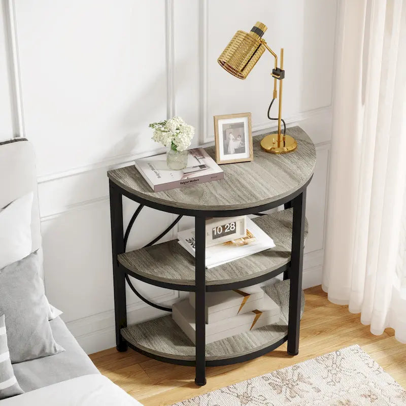 Table d'appoint demi-ronde, table d'appoint à 3 niveaux avec étagères de rangement