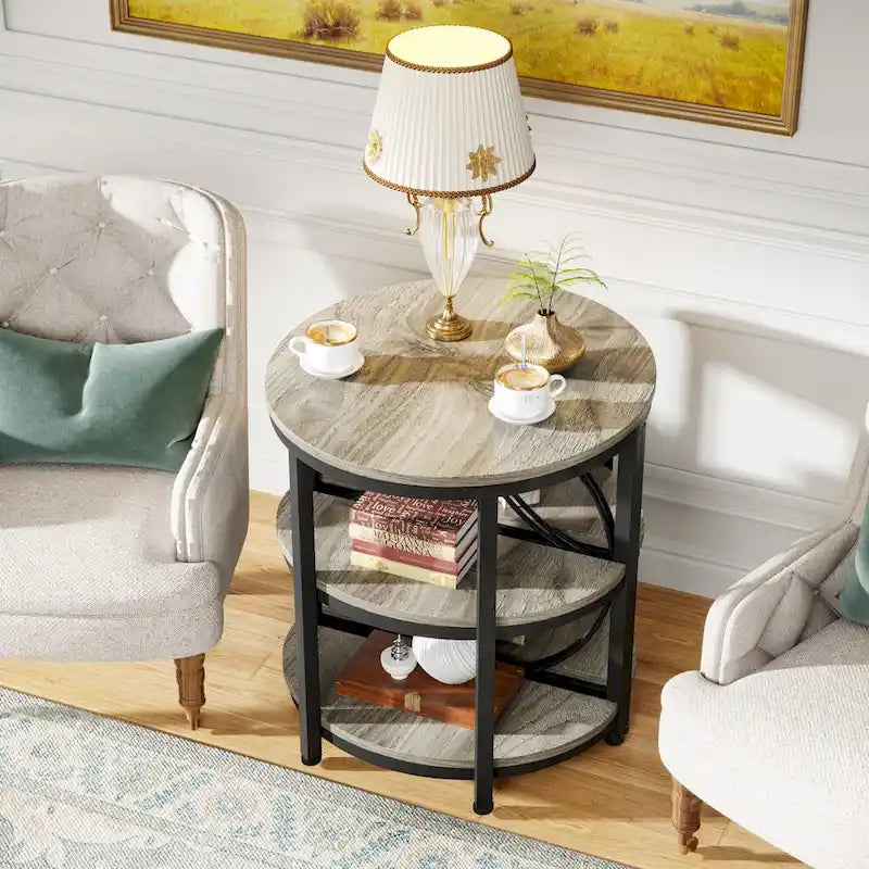 Table d'appoint demi-ronde, table d'appoint à 3 niveaux avec étagères de rangement
