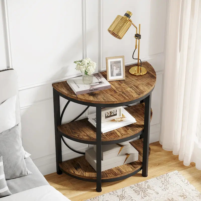 Table d'appoint demi-ronde, table d'appoint à 3 niveaux avec étagères de rangement