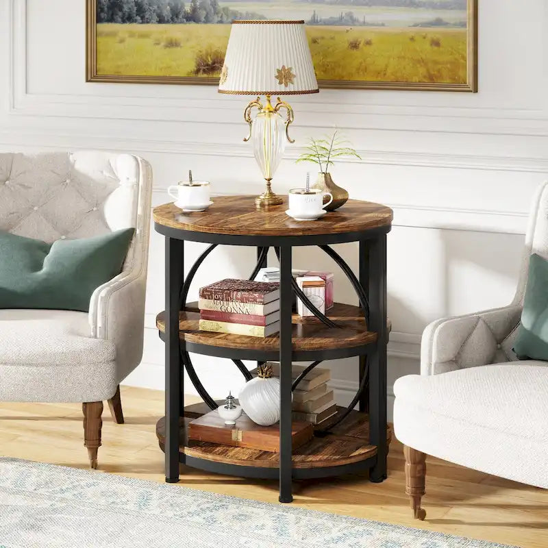 Table d'appoint demi-ronde, table d'appoint à 3 niveaux avec étagères de rangement