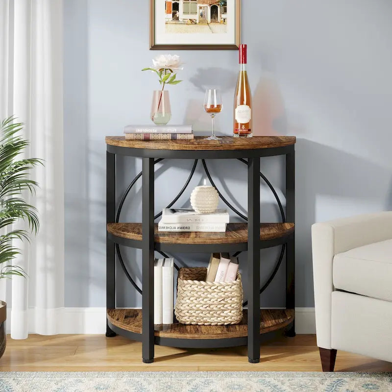 Table d'appoint demi-ronde, table d'appoint à 3 niveaux avec étagères de rangement
