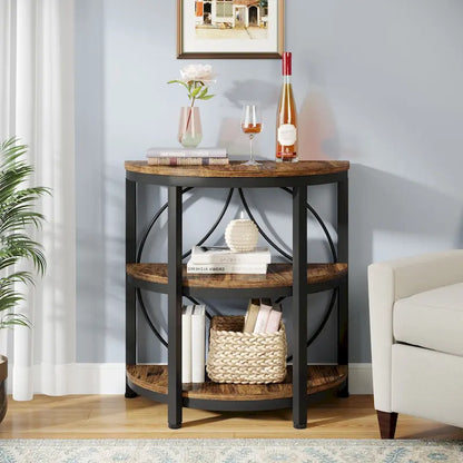 Table d'appoint demi-ronde, table d'appoint à 3 niveaux avec étagères de rangement