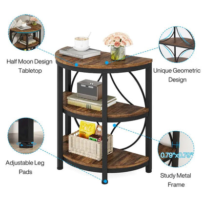 Table d'appoint demi-ronde, table d'appoint à 3 niveaux avec étagères de rangement