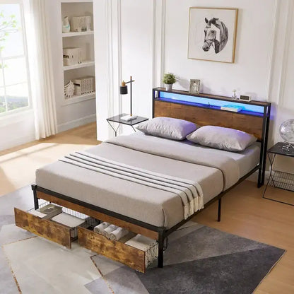 Lit plateforme en métal King Size avec lumières LED, tête de lit en bois et deux tiroirs pour chambre à coucher