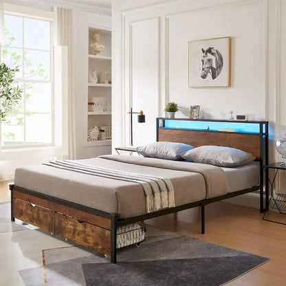 Lit plateforme en métal King Size avec lumières LED, tête de lit en bois et deux tiroirs pour chambre à coucher