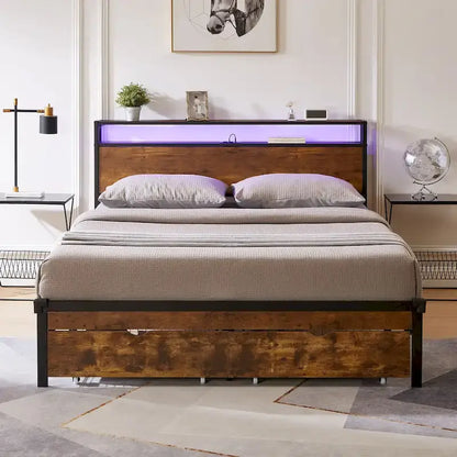 Lit plateforme en métal King Size avec lumières LED, tête de lit en bois et deux tiroirs pour chambre à coucher