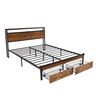 Lit plateforme en métal King Size avec lumières LED, tête de lit en bois et deux tiroirs pour chambre à coucher