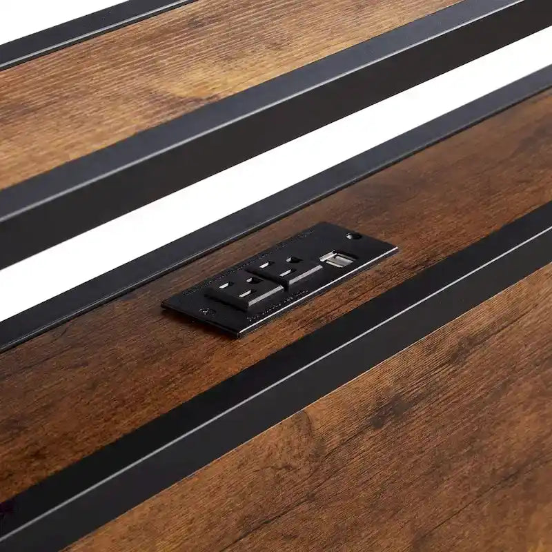 Lit plateforme en métal King Size avec lumières LED, tête de lit en bois et deux tiroirs pour chambre à coucher