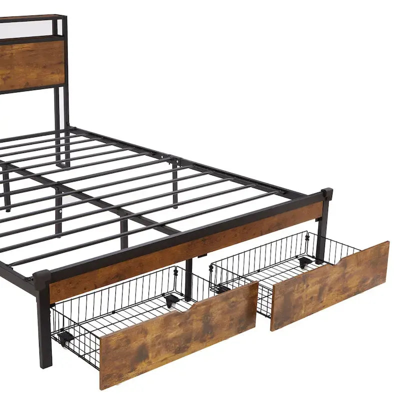 Lit plateforme en métal King Size avec lumières LED, tête de lit en bois et deux tiroirs pour chambre à coucher