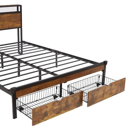 Lit plateforme en métal King Size avec lumières LED, tête de lit en bois et deux tiroirs pour chambre à coucher
