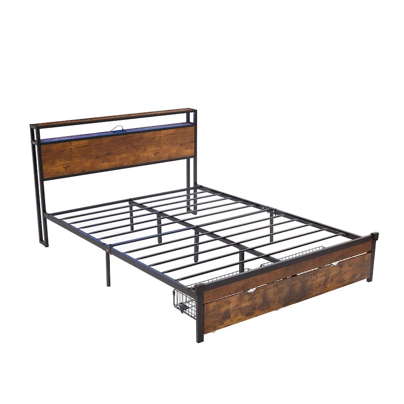 Lit plateforme en métal King Size avec lumières LED, tête de lit en bois et deux tiroirs pour chambre à coucher