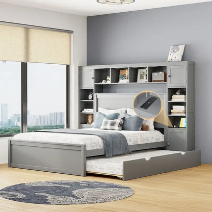Lit moderne en bois avec armoire, étagère et prises électriques
