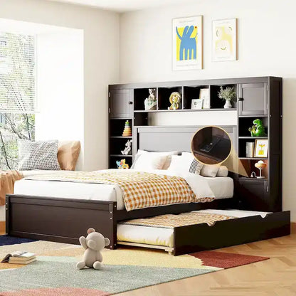 Lit moderne en bois avec armoire, étagère et prises électriques