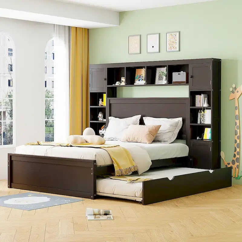 Lit moderne en bois avec armoire, étagère et prises électriques