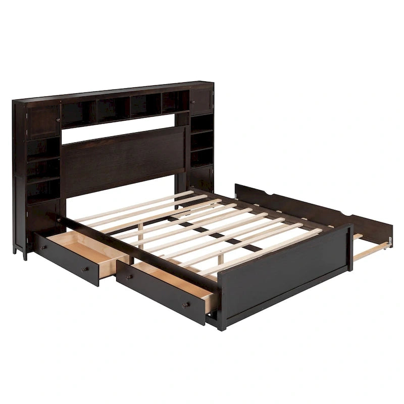 Lit moderne en bois avec armoire, étagère et prises électriques