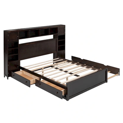 Lit moderne en bois avec armoire, étagère et prises électriques
