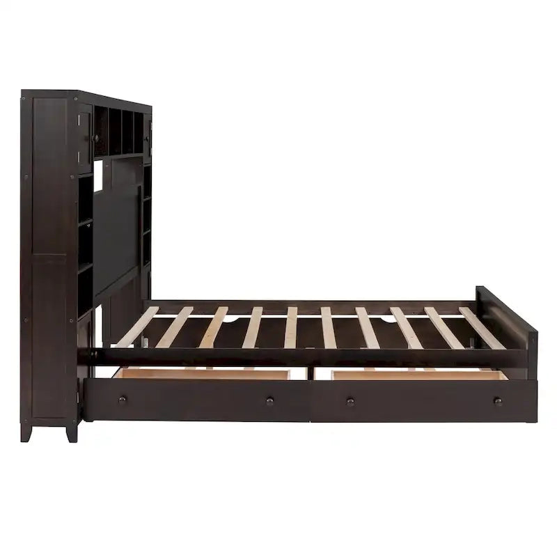 Lit moderne en bois avec armoire, étagère et prises électriques