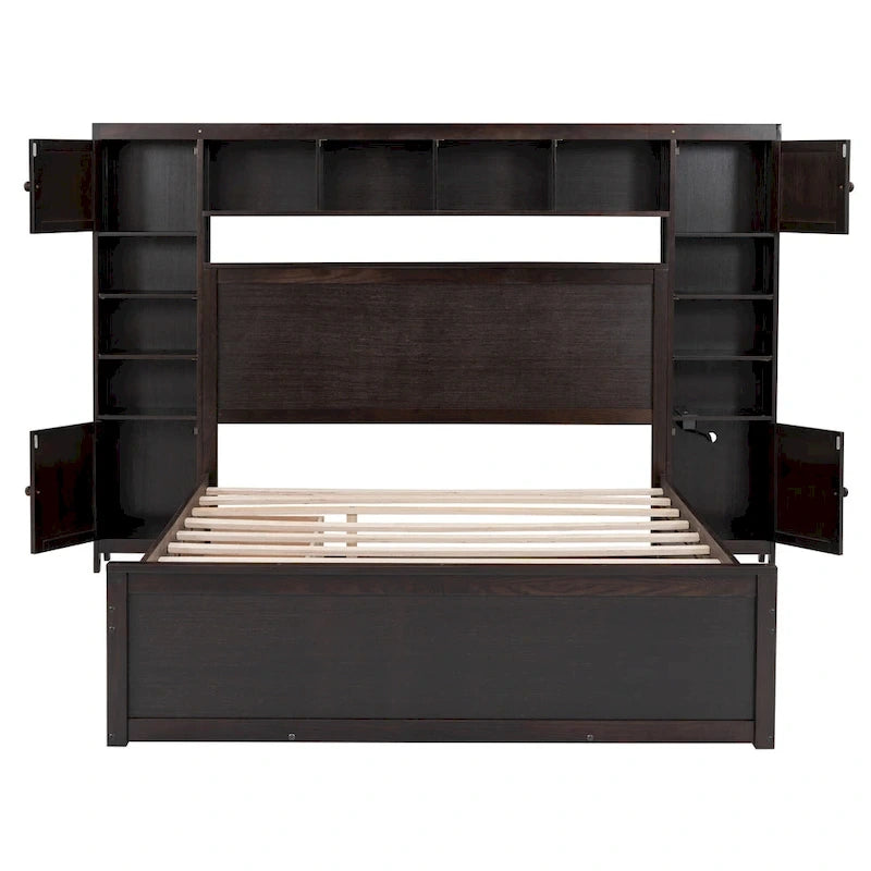 Lit moderne en bois avec armoire, étagère et prises électriques