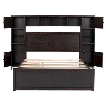 Lit moderne en bois avec armoire, étagère et prises électriques