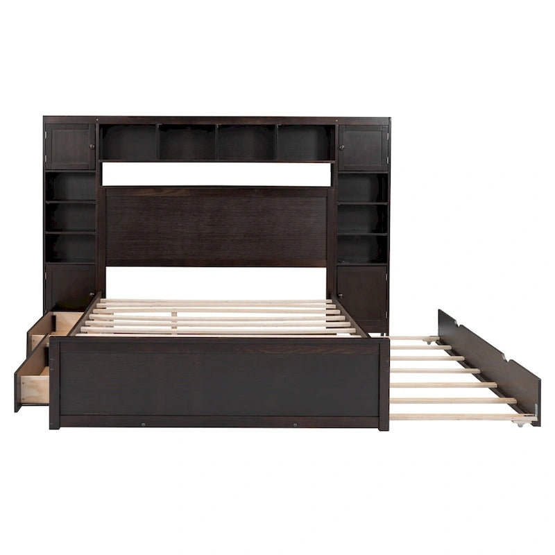 Lit moderne en bois avec armoire, étagère et prises électriques