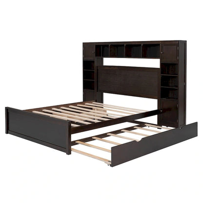 Lit moderne en bois avec armoire, étagère et prises électriques