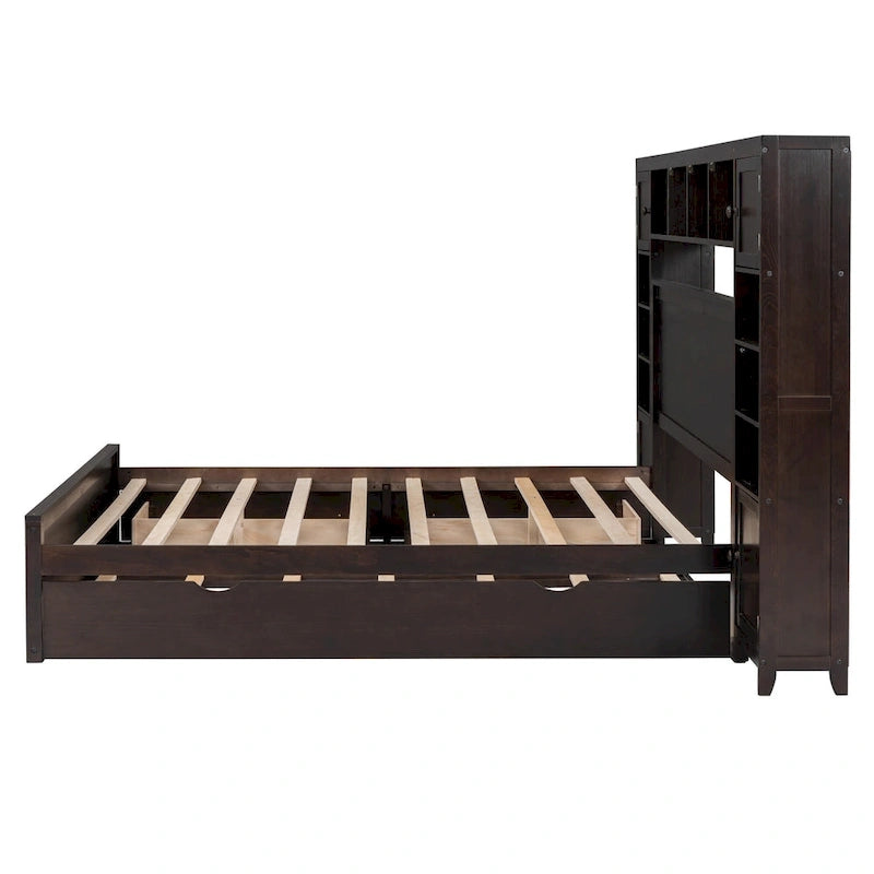 Lit moderne en bois avec armoire, étagère et prises électriques